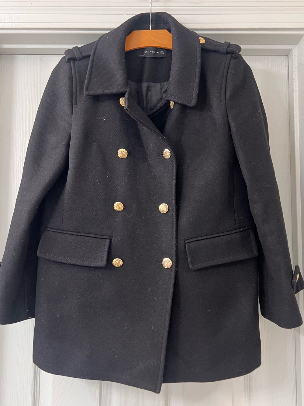 Zara Black Classic Double-Breasted Wool Blend  Coat with Gold Buttons Sz Medium